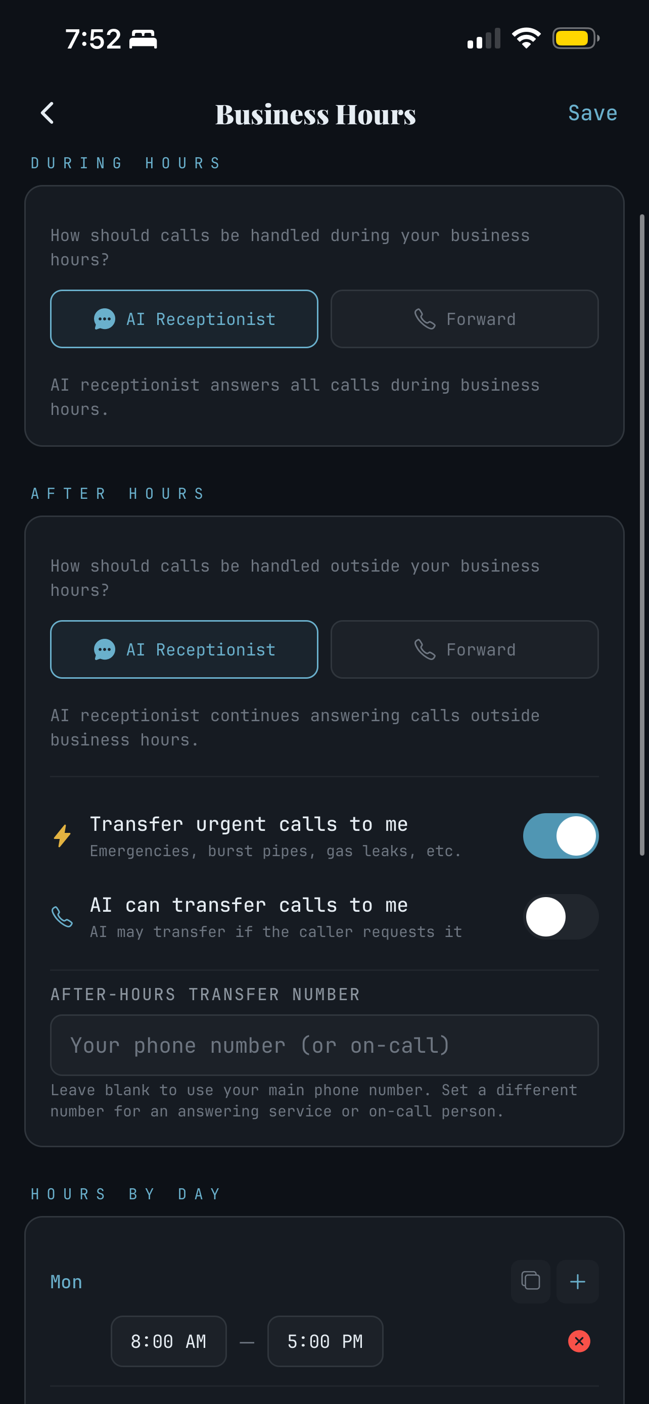 Business hours and call routing settings
