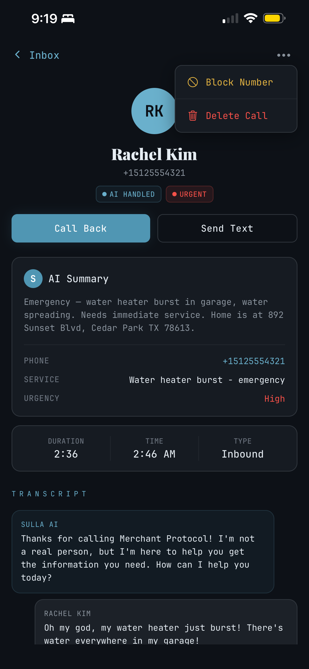 AI-captured lead detail with summary and transcript